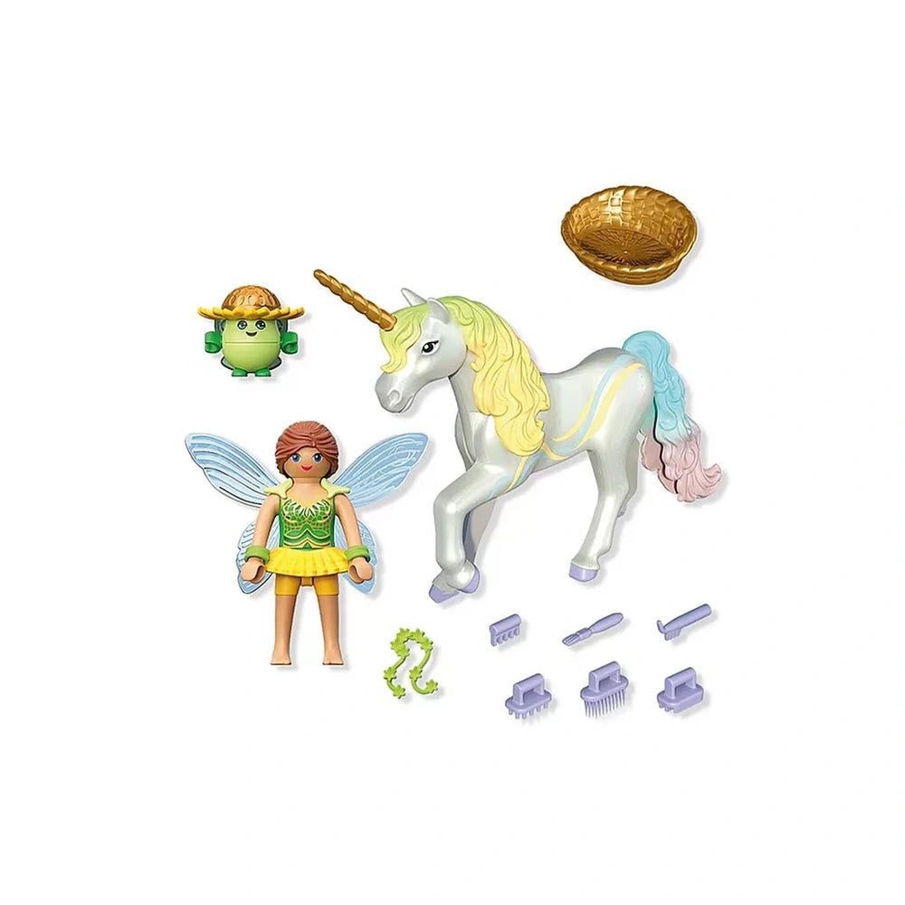Playmobil Magic Unicorns playset features a shiny unicorn with a yellow mane and a fairy in a green dress with yellow wings.
