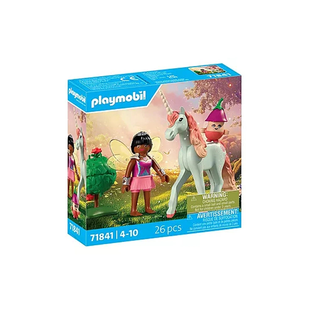 Playmobil Magic Unicorns playset features a white unicorn, pink fairy, and toy tree in colorful retail packaging with warning