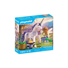 Playmobil Magic Unicorns toy playset packaging features a white background with a glossy unicorn and fairy figures, 19 pieces