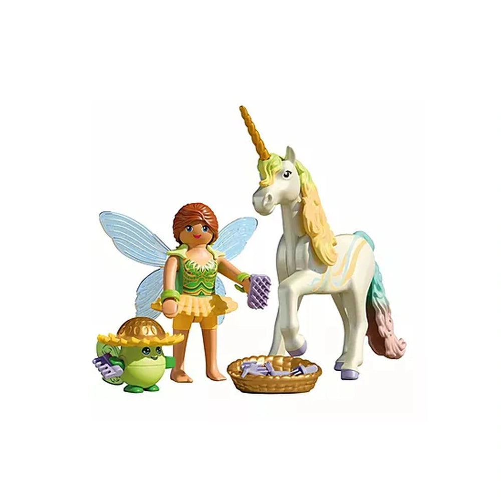 Playmobil Magic Unicorns playset featuring a doll in a green dress, a horse with a white mane, and a turtle with a yellow hat