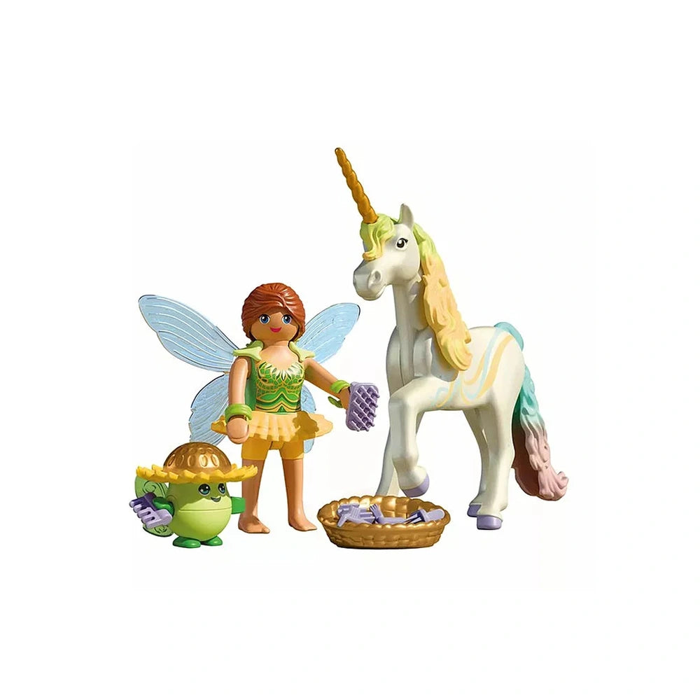 Playmobil Magic Unicorns toy playset features a white unicorn, green fairy, and brown wicker basket made of plastic.