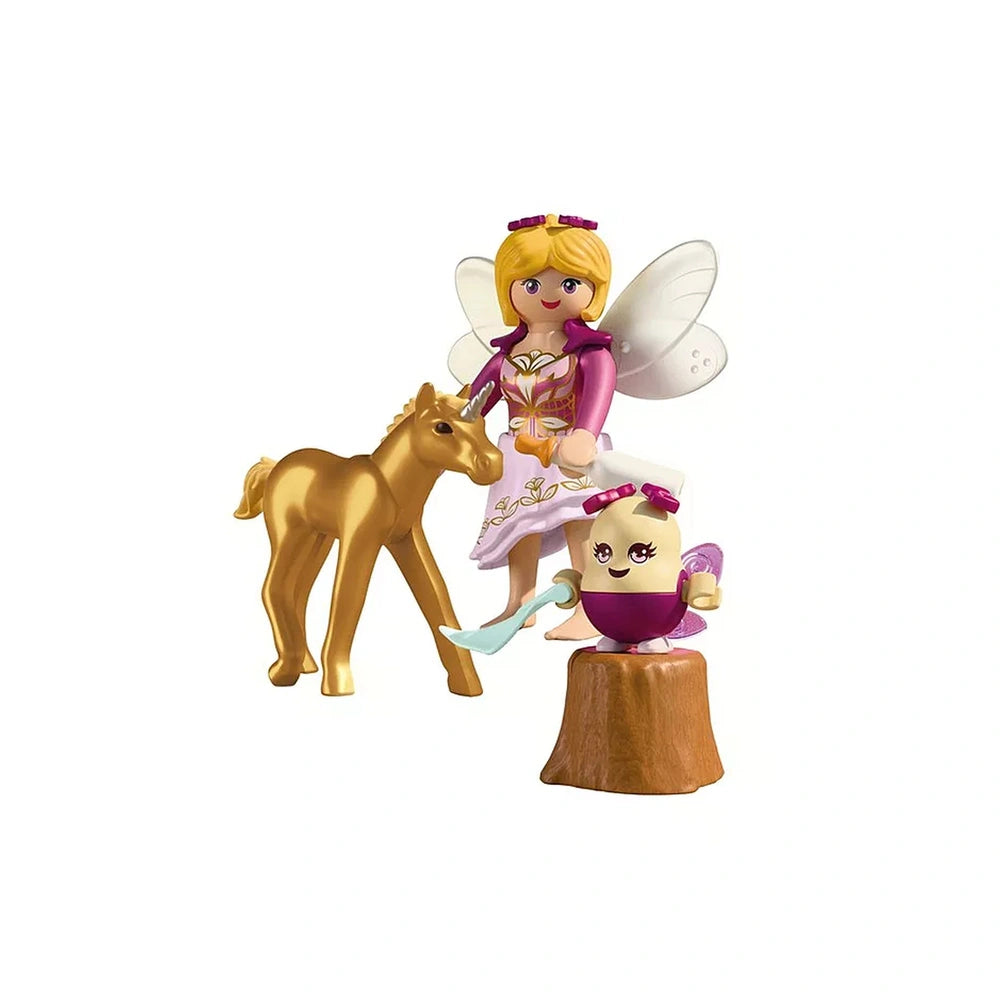Playmobil Magic Unicorns toy playset featuring a gold foil horse, plastic unicorn, fairy, and wooden base.