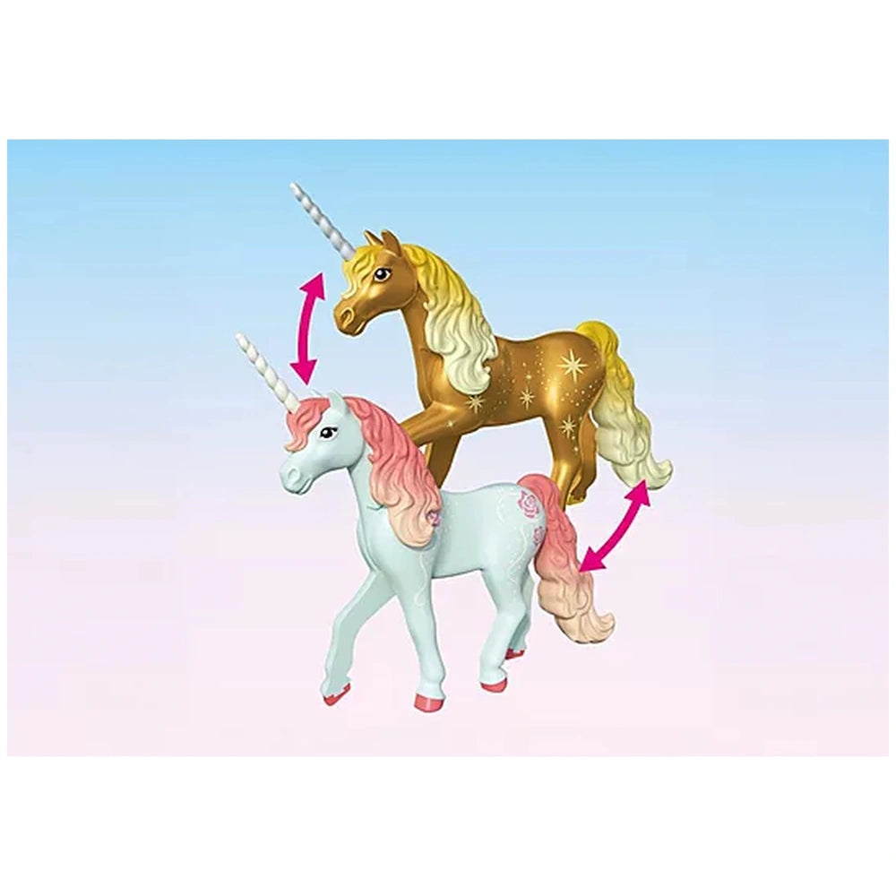 Playmobil Magic Unicorns toy playset featuring two unicorns with pink mane, gold and white bodies, and white tail.