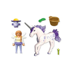 Playmobil Magic Unicorns toy playset features a white unicorn, a fairy in a yellow dress, a golden bucket, and green broccoli