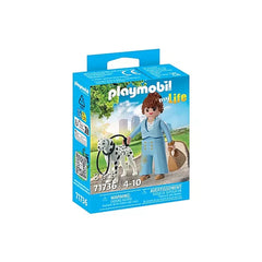 Playmobil My-Life-Manager toy playset packaging features a girl with a dog, 8 pieces, and age recommendations on a blue backg