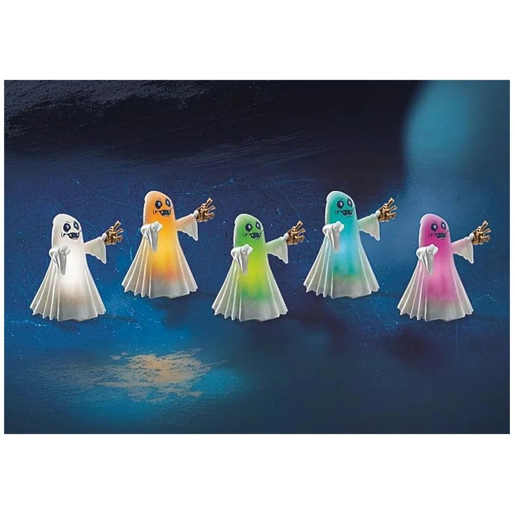 Playmobil Novelmore Starter Pack features five ghost toys with white sheet bodies and pastel-colored arms on a dark blue surf