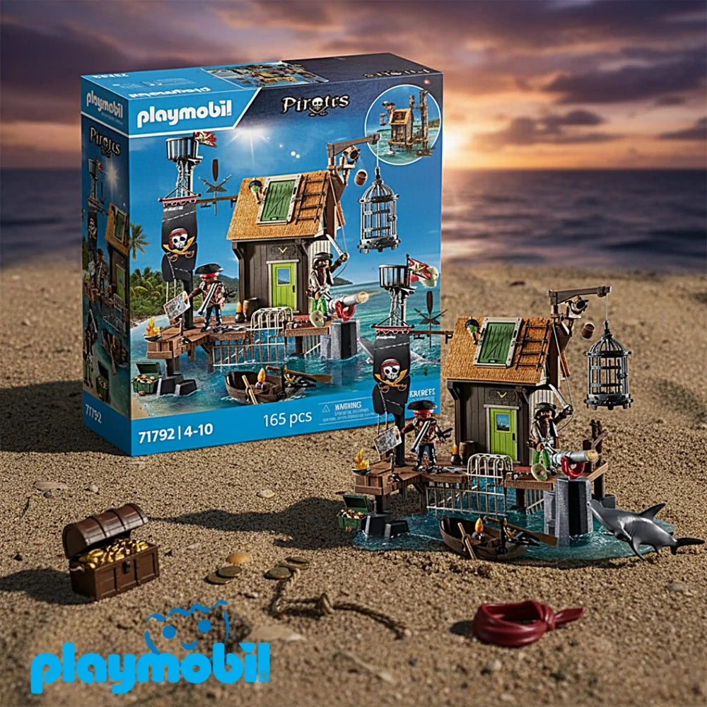 Playmobil Pirate-Harbor toy playset featuring a brown and green ship, treasure chest, pirate figures, and lookout tower on sa