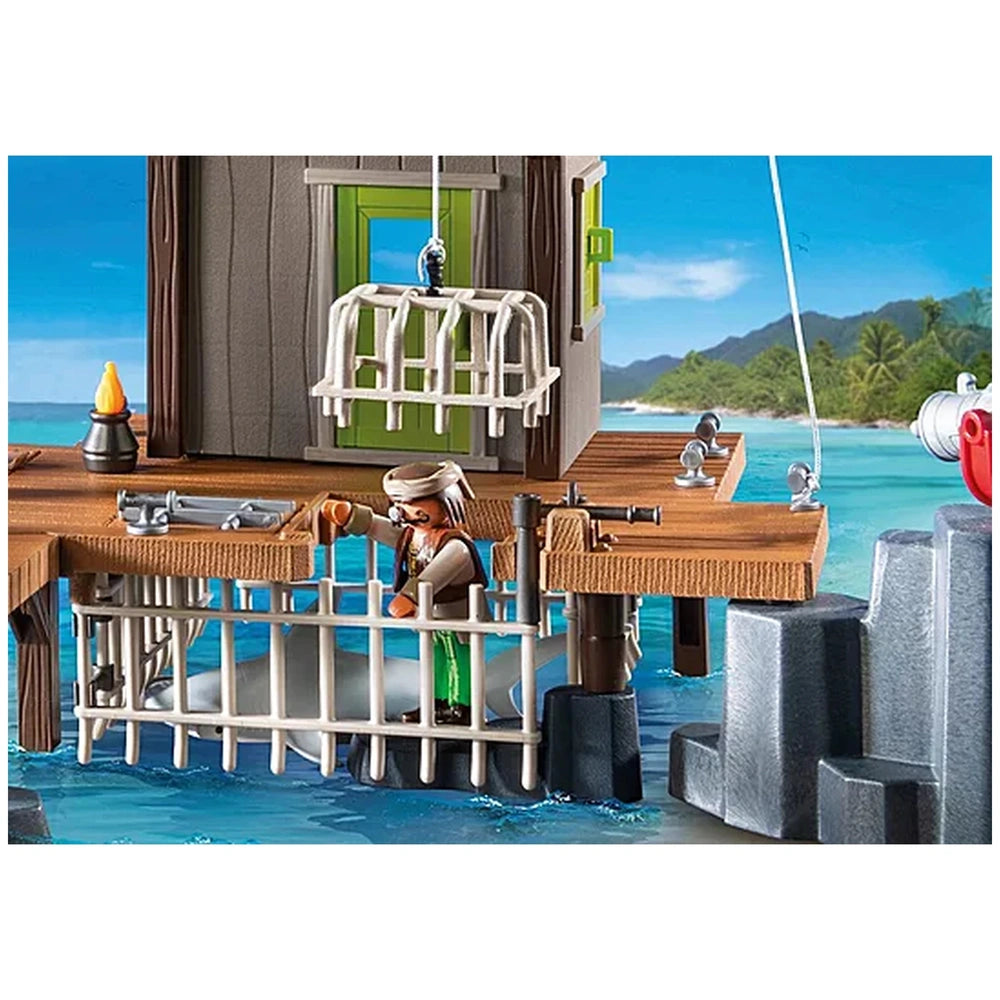 Playmobil Pirate-Harbor toy playset featuring a detailed scene with plastic water pump, sink, and various accessories on a wo