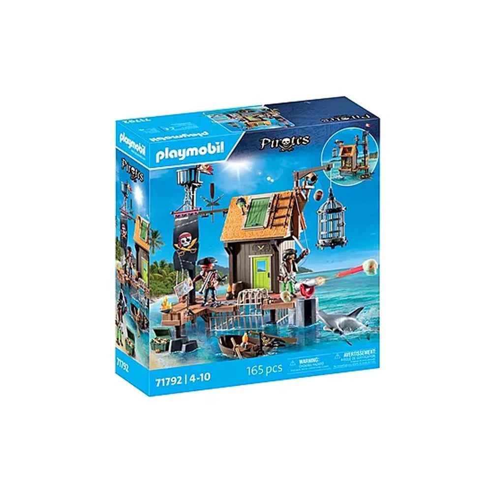 Playmobil Pirate-Harbor toy playset features a pirate ship with figures, treasure chest, and shark, suitable for ages 4 and u