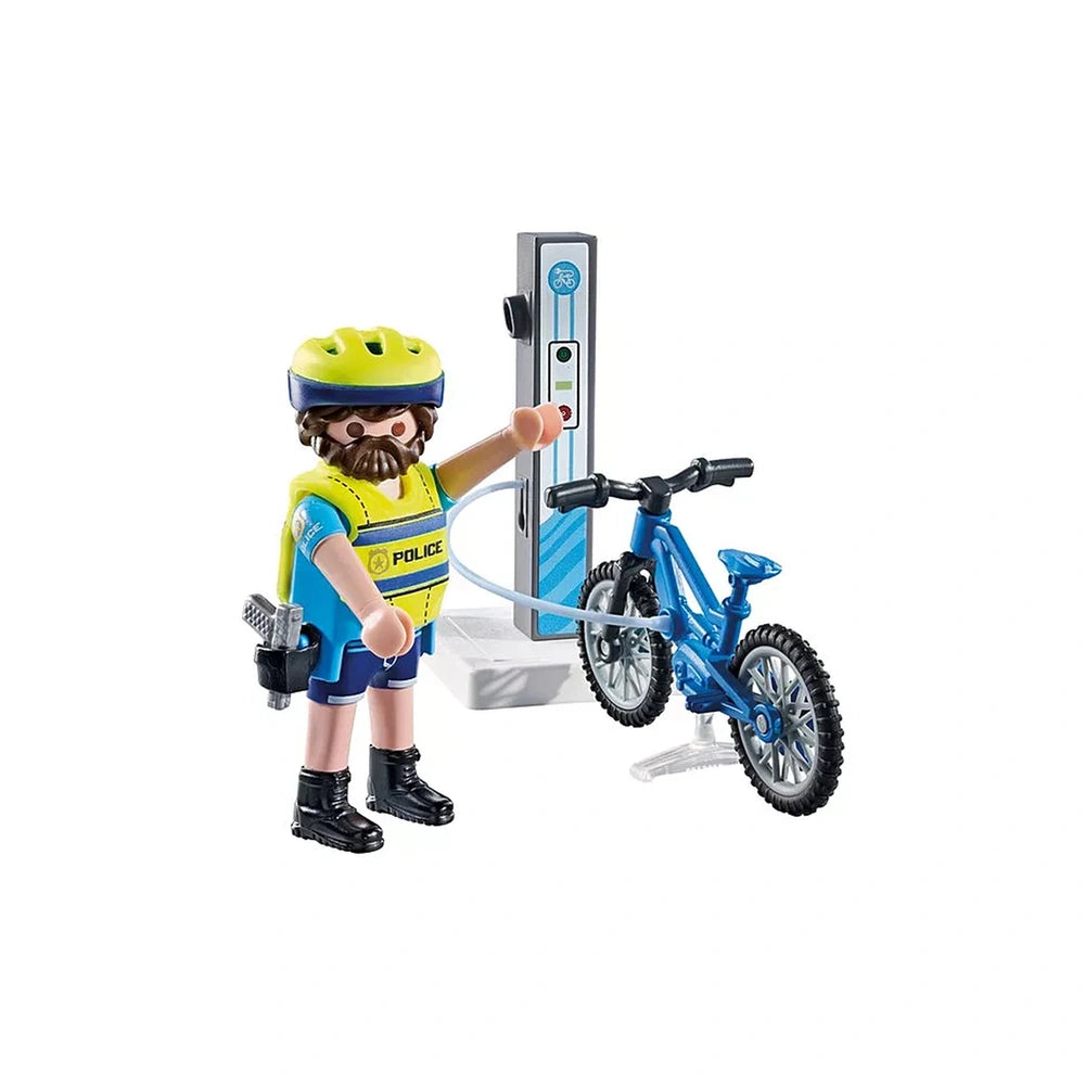 Playmobil Police-Bike-Patrol set featuring a blue bike, yellow helmet, blue shorts, and a blue and white stand against a whit