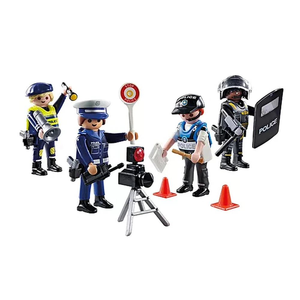 Playmobil Police-Figures-Set features five glossy plastic figures in blue, black, and white, each with unique uniforms and ac