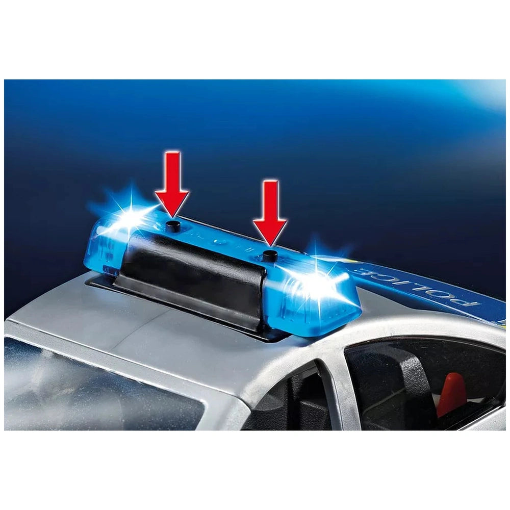 Playmobil Police-Patrol-Car features a glossy metallic surface with two white lights on top.