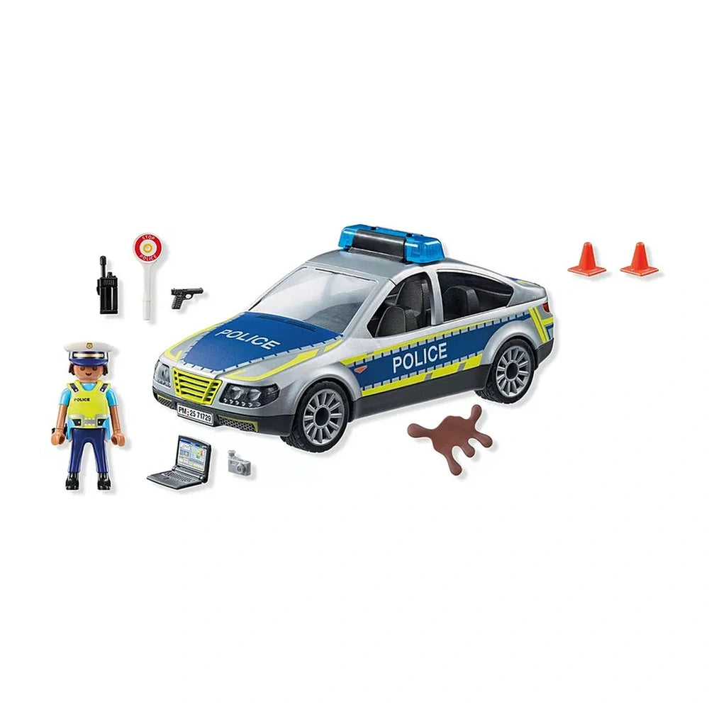 Playmobil Police Patrol Car toy set features a glossy plastic car, officer figure, and accessories like a laptop and walkie-t