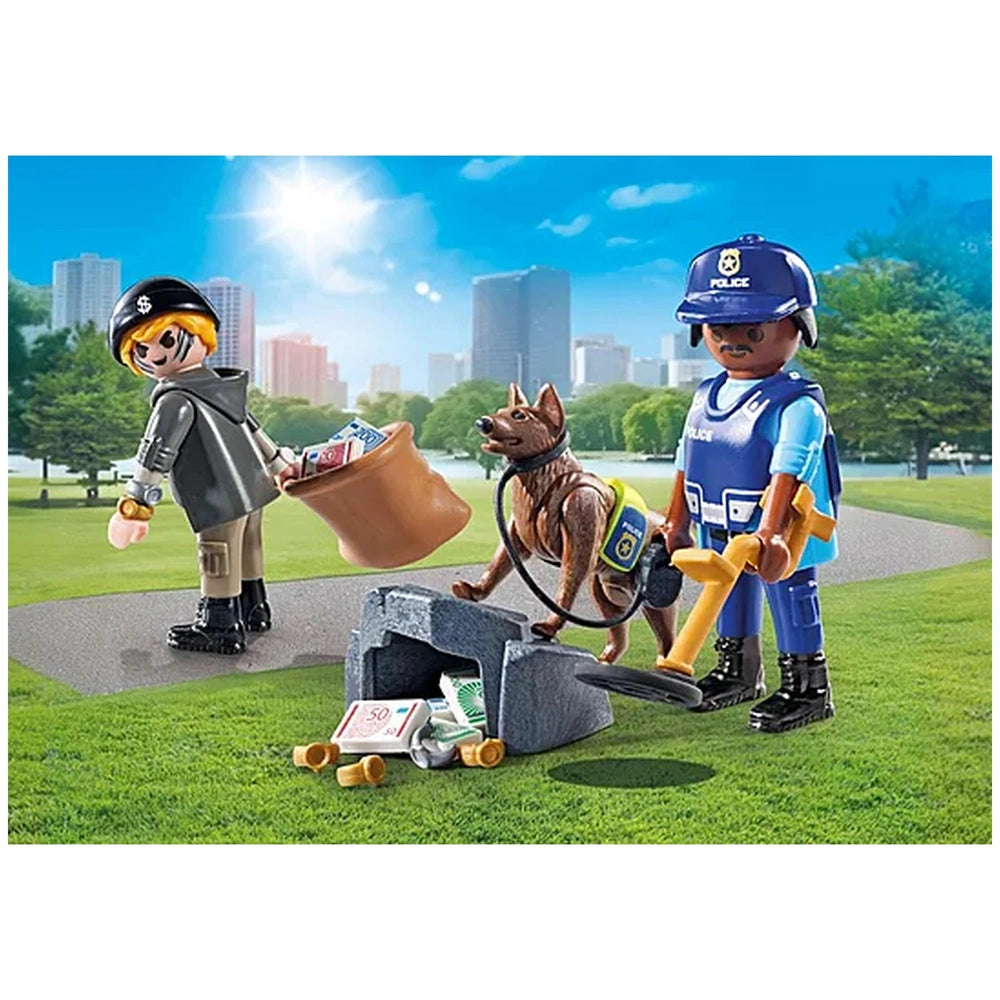 Playmobil Police-Search-With-Dog set featuring a uniformed officer with various yellow tools and a plastic dog in a lifestyle