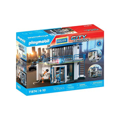 POLICE ACTION Playmobil toy playset packaging features a blue and red design with a clear window and printed warnings.