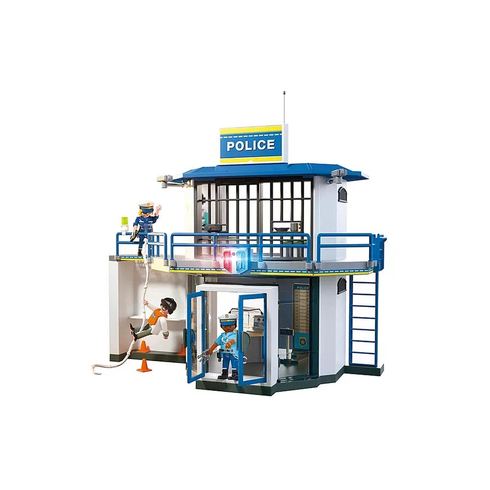 Playmobil Police Station toy playset featuring a white structure with blue roof and bars, designed for creative play.