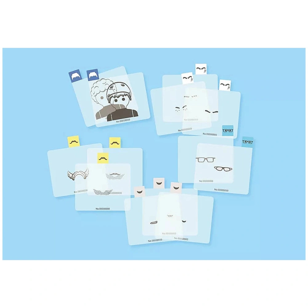 Playmobil Police Station toy playset featuring various character cards with facial expressions, hairstyles, and accessories.