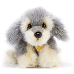 Albert Little Aussiedoole dog plush, 30 cm, features white and tan fur, black nose, brown eyes, and a tag.