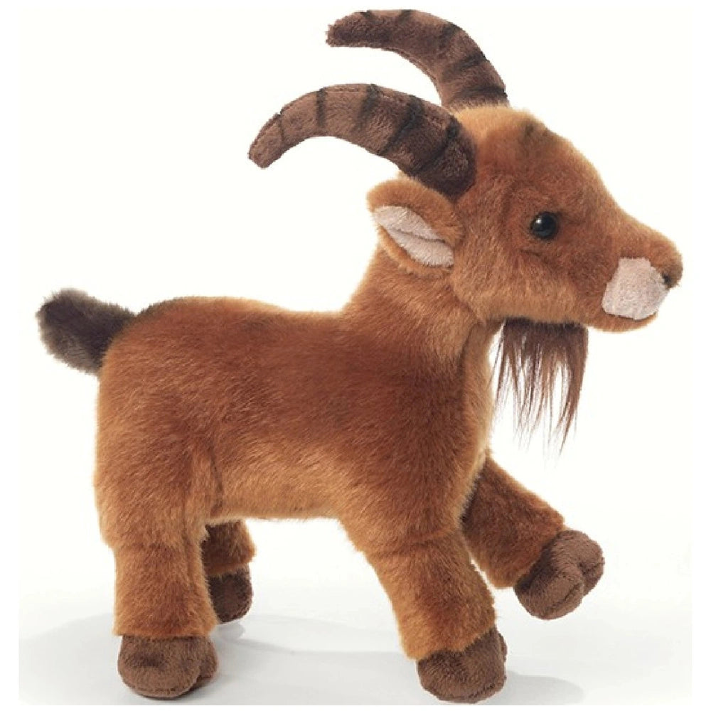 Morin Little Mountain Ibex plush toy, 23 cm, brown with two horns, ears, eyes, a beard, and four legs.