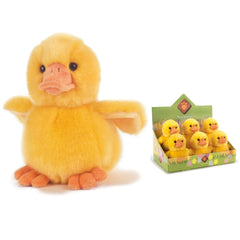 Quack the Little Duck Plush, 18 cm, yellow soft material with webbed feet, in a green floral box with a clear window.