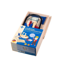 Prebaro Carpenter's Case with 20-piece fretsaw set in a wooden box, featuring tools and colorful packaging.