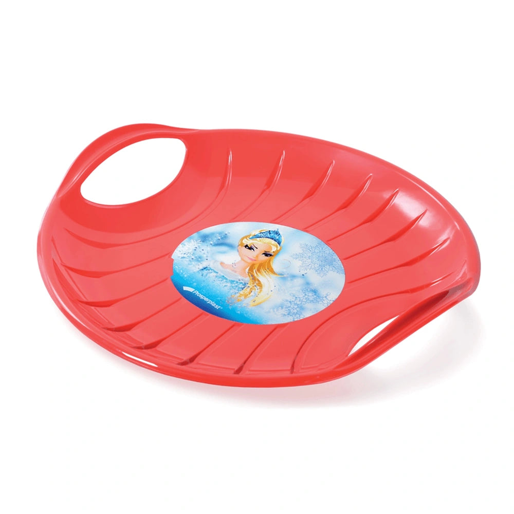 Red PROSPERPLAST Speed M Slider made of glossy plastic, featuring a character sticker and ridged surface for outdoor play.