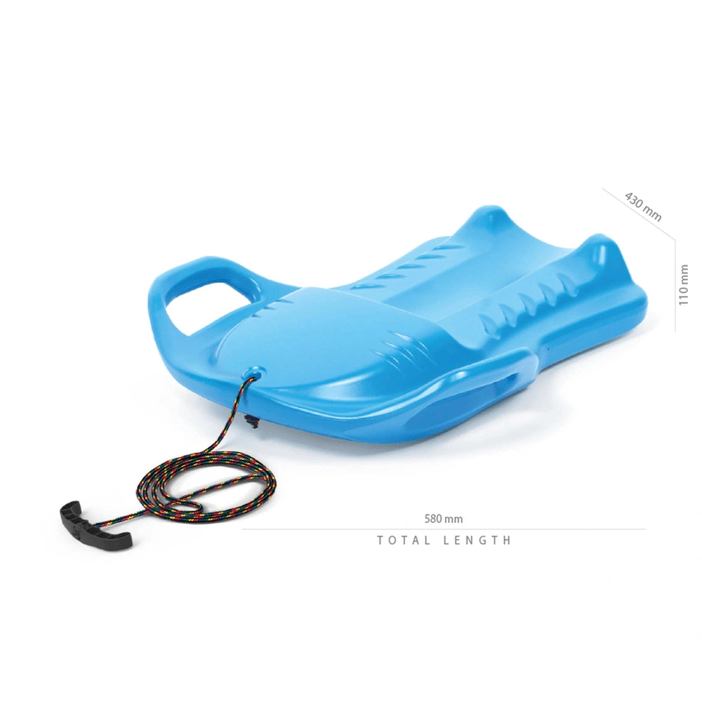 Sporty Slider Red outdoor play equipment made of blue plastic with black rope, marked with "580 mm" and "110 mm" total length