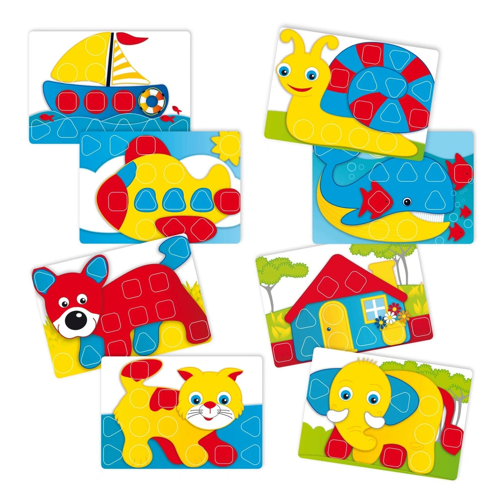Quercetti FantaColor Baby features glossy cardstock with colorful animals and a house design in blue, yellow, and red tones.