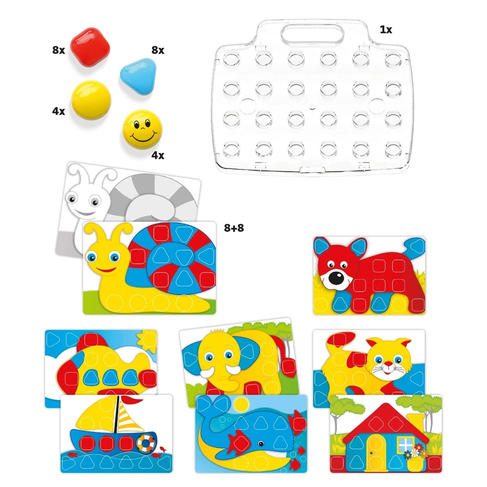 Quercetti FantaColor Baby activity toy features colorful smiley face stickers on a transparent plastic surface.