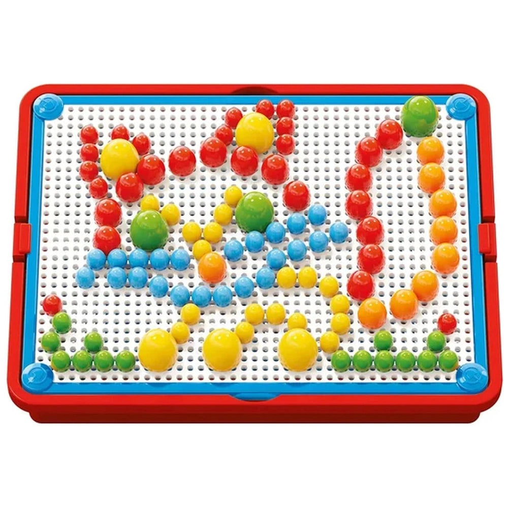 Quercetti FantaColor Tab features a blue-bordered plastic casing and a white pegboard with colorful plastic pegs for creative
