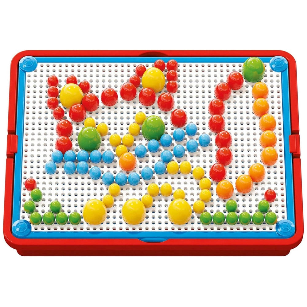 Quercetti FantaColor Tab features a red and blue frame surrounding colorful balls on a white grid surface.