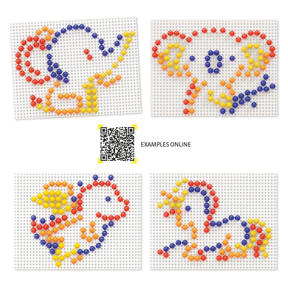 Quercetti FantaColor Tab Basic arts and crafts kit featuring a QR code labeled "examplesonline" on a plastic surface.