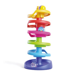 Quercetti Spiral Tower baby activity toy features a colorful multi-level design with a clear ball at the base.