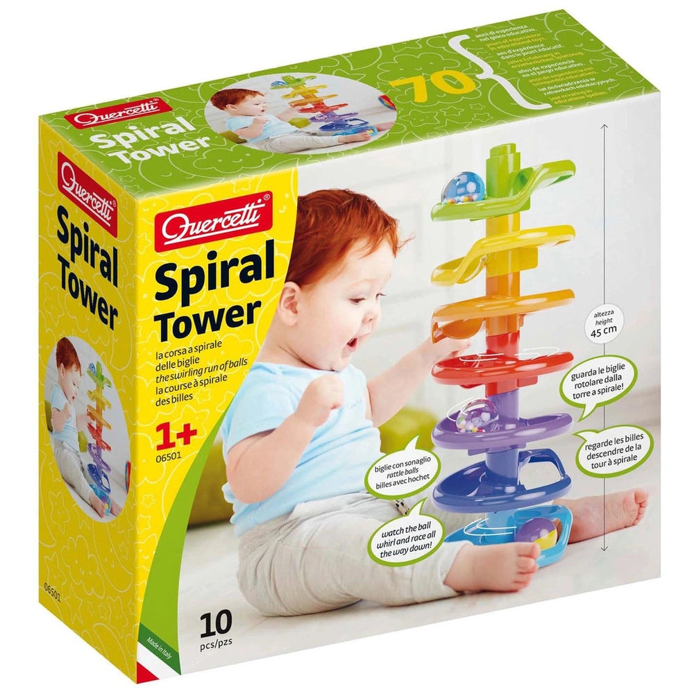 Quercetti Spiral Tower baby activity toy packaging features a child with red hair and colorful plastic rings on a yellow back