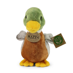 Plush duck toy with a green head, brown body, and yellow feet, featuring a tag that reads "RAPPA" and "ECO FRIENDLY."