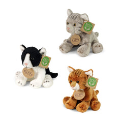 Rappa plush cats in black and white, gray, and brown, featuring eco-friendly tags with a green leaf symbol.