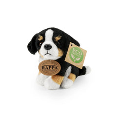 Plush dog toy in black and white with a brown tag reading "RAPPA" and "ECO FRIENDLY," set against a light background.