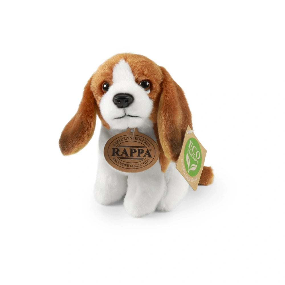 Plush toy dog with brown and white fur, featuring an "ECO FRIENDLY" tag and a green leaf symbol.