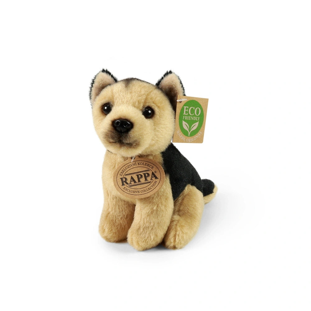 Plush dog toy in light brown with a collar, featuring an eco-friendly tag with a green leaf symbol.