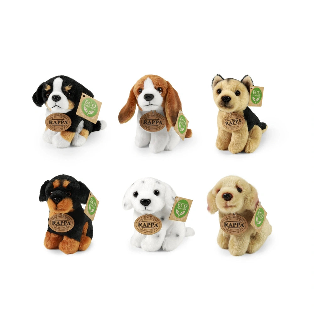 Plush dogs assortment featuring six eco-friendly stuffed animals in various breeds and colors with tags displaying "RAPPA."