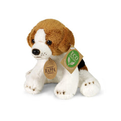 Plush dog stuffed animal in brown and white, featuring an eco-friendly tag, sitting upright on a white background.