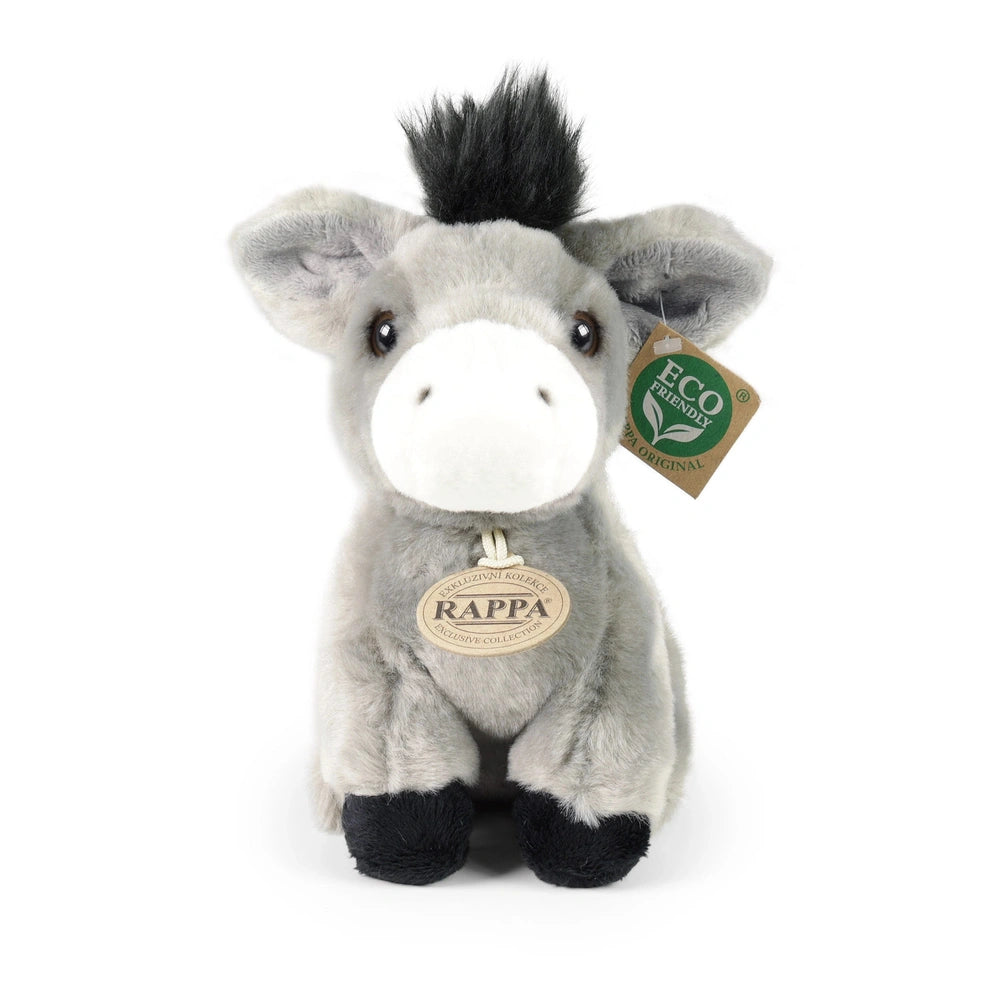 Plush donkey stuffed animal in gray with white muzzle and black mane, featuring an eco-friendly tag on its ear.