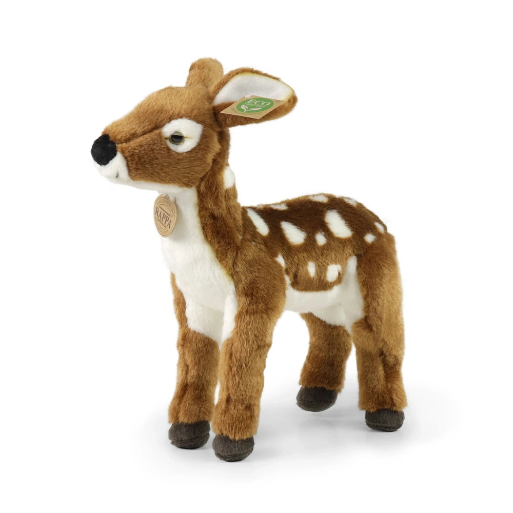Plush fawn stuffed animal in brown with white markings, featuring a smooth surface and tilted head against a white background