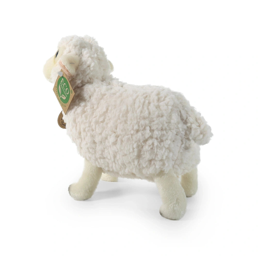 Plush sheep toy made from eco-friendly materials, featuring a fluffy white texture and a round, cuddly body.