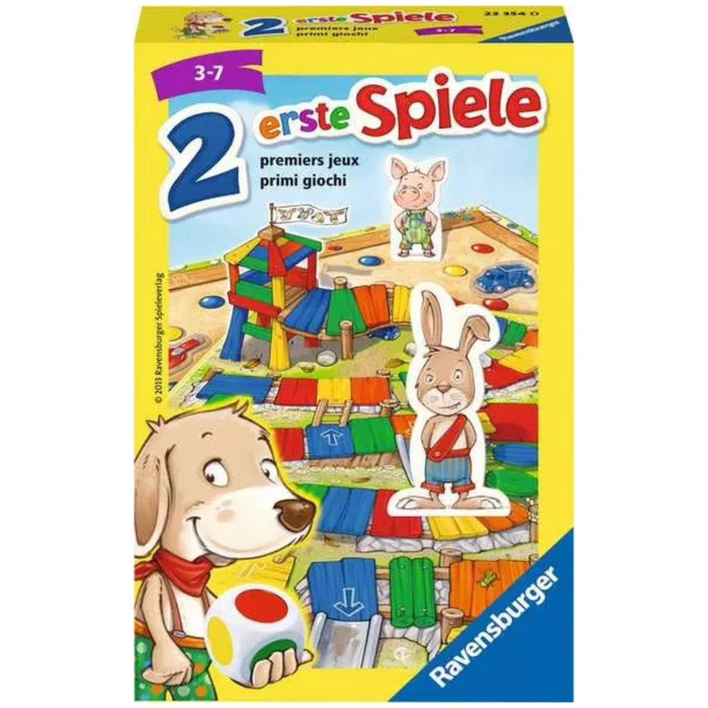 Ravensburger's colorful children's board game box features playful cartoon characters and multi-language instructions for age