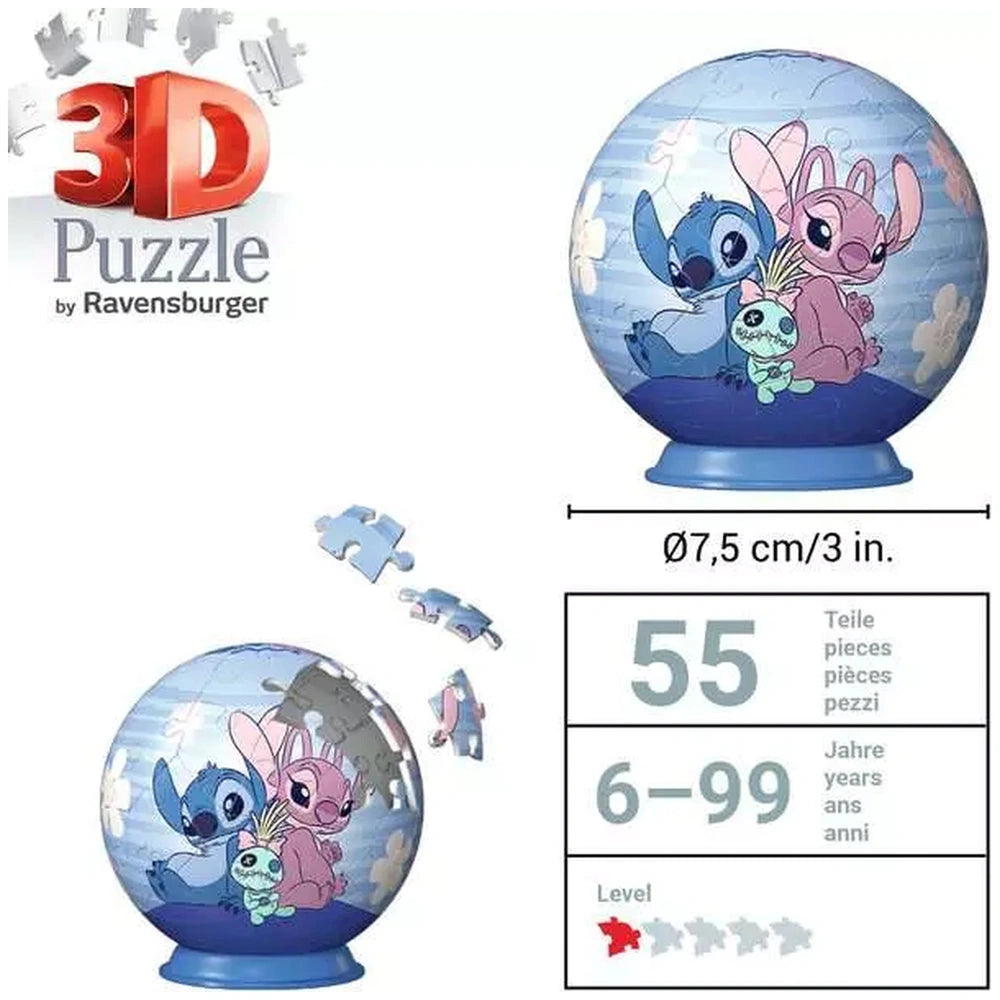 3D puzzle sphere features a blue dog, pink rabbit, and green frog smiling together, holding a flower in a vibrant cartoon sty