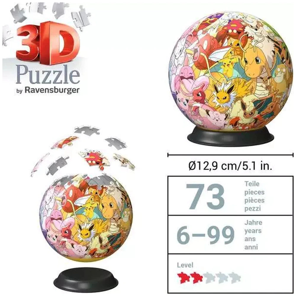 Ravensburger 3D puzzle ball features colorful Pokémon Kanto Region characters displayed on a black stand against a white back