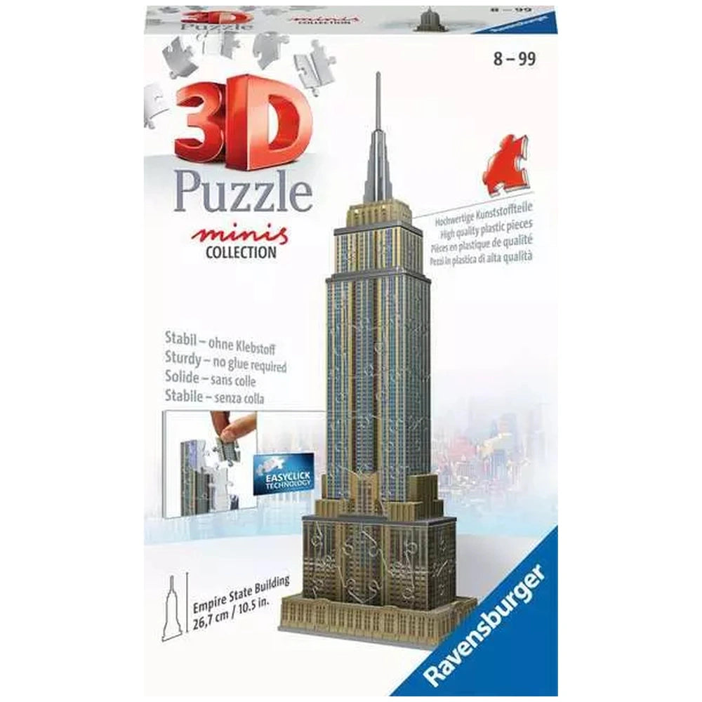 Ravensburger 3D puzzle of the Empire State Building in a package with a clear window and the actual building in the backgroun