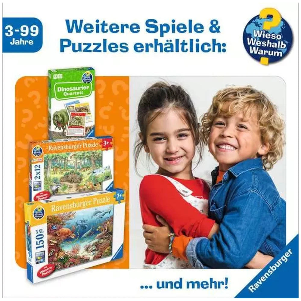 Ravensburger puzzle featuring two smiling children hugging, surrounded by scattered colorful puzzle pieces.