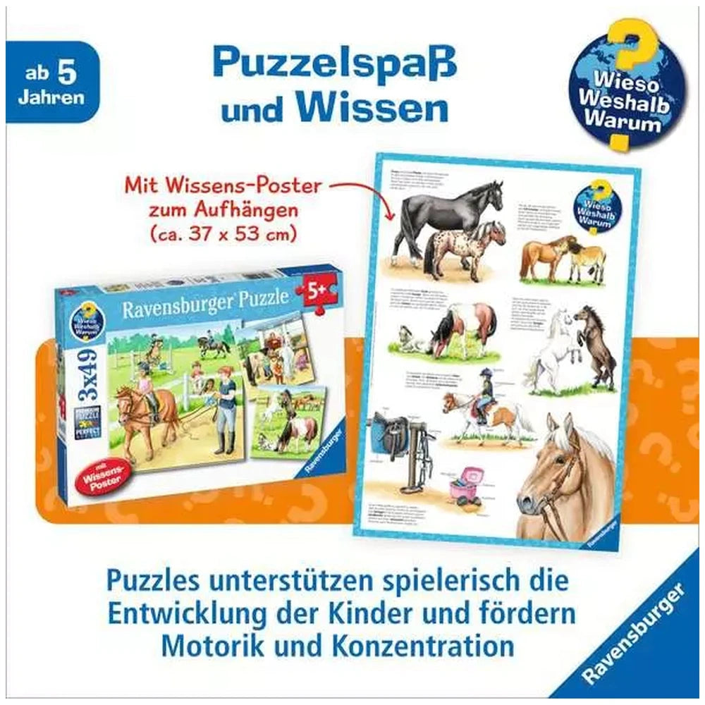 Ravensburger puzzle featuring vibrant horse-themed illustrations and a promotional poster with German text.